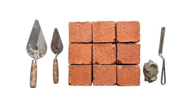Industrial red clay bricks with masonry trowels, construction tools and building materials, professional bricklaying equipment isolated PNG with Transparent Background