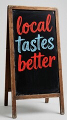 Obraz premium Wooden easel blackboard displays text Local Tastes Better. Chalkboard messages promote shop local food concept. Vintage signage stands on neutral background.