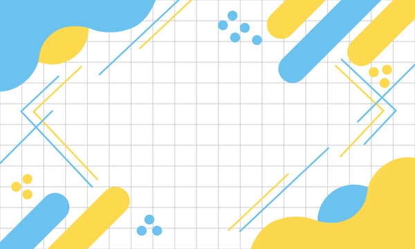 Abstract geometric background with memphis style elements, colorful shapes, lines, and dots on a grid pattern
