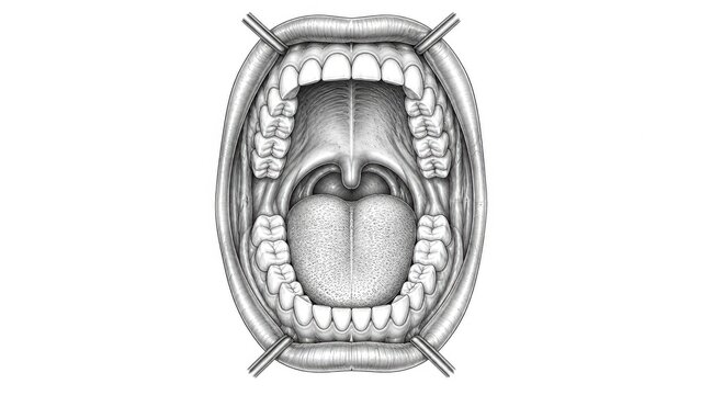 Detailed human oral anatomy showing open mouth teeth tongue palate uvula and upper lower dental structures isolated on white background