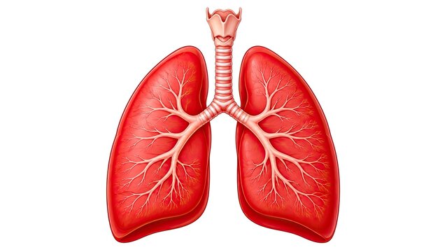 Human respiratory system anatomy showing lungs trachea bronchi bronchioles and detailed airway structure isolated on white background