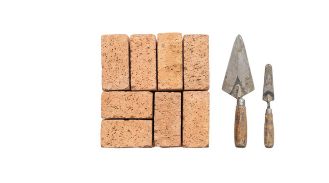 Industrial clay bricks with masonry trowels, construction building materials, professional bricklayer tools for masonry work isolated PNG with Transparent Background