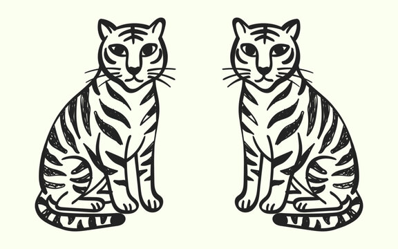 Black and white ink drawing of two sitting tigers