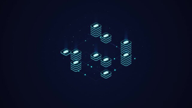 3D Isometric Cryptocurrency Network Animation with Glowing Bitcoin Server Towers and Digital Nodes
