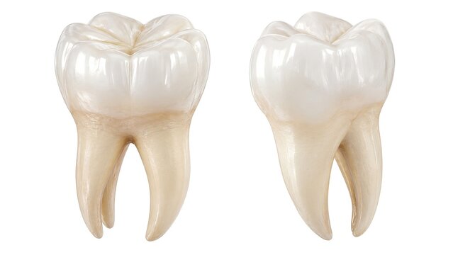 Detailed human molar tooth anatomy shown from front and side views revealing crown roots and enamel structure isolated on white background