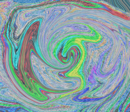 Vibrant abstract swirling fluid texture with digital glitch and noise effects.