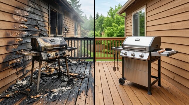 Before and After Split of Fire Damaged Barbecue Grill and Deck