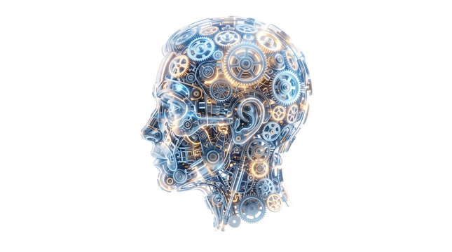 Futuristic mechanical human head profile, artificial intelligence gears and cogs, robotic brain technology concept isolated PNG with Transparent Background
