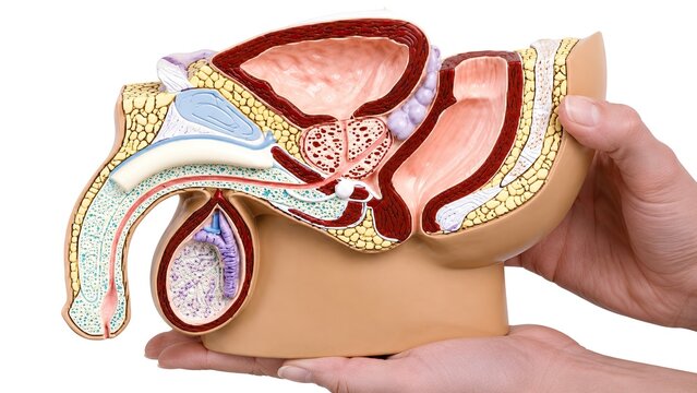Detailed male reproductive system anatomy showing prostate bladder penis testicles and pelvic organs cross section isolated on white background