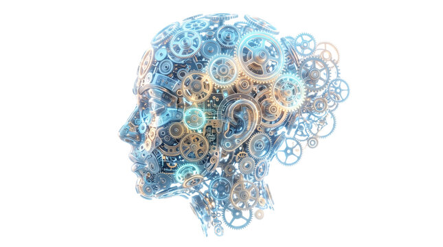 Mechanical human head profile made of gears, intricate clockwork brain concept, blue and silver metallic machinery for artificial intelligence isolated PNG with Transparent Background