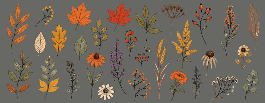Hand drawn autumn botanical sketch set with fall leaves, harvest plants, pumpkins, mushrooms, acorns and seasonal flowers vector illustration
