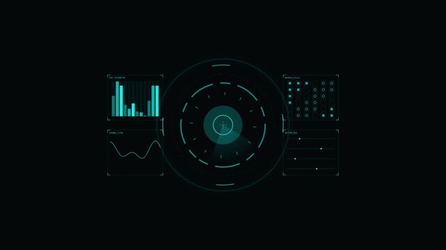 Futuristic Sci-Fi HUD Radar Interface with Animated Analytics Charts and Signal Signal Telemetry