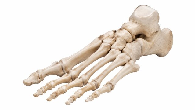 Detailed human foot skeleton anatomy showing tarsal metatarsal and phalangeal bones anatomical structure isolated on white background