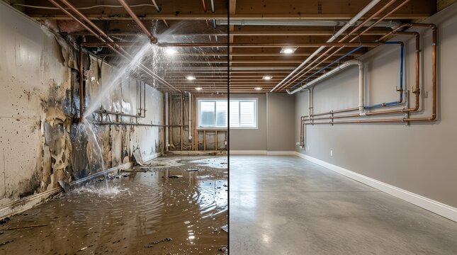 Residential Basement Water Damage Before and After Restoration