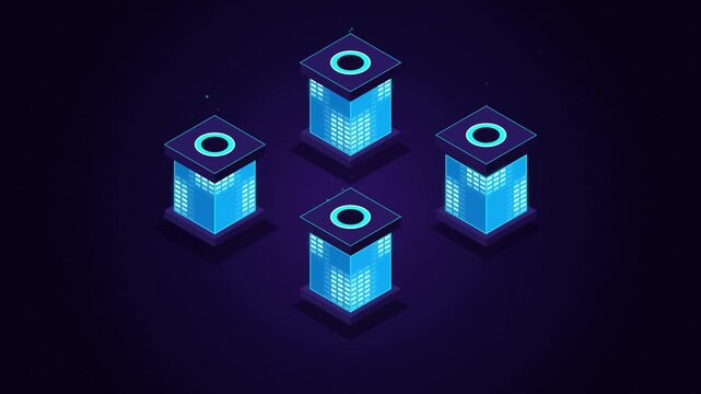 3D Isometric Data Center Servers with Glowing Neon Blue Lights on Dark Grid Background