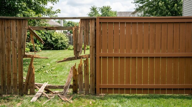 Damaged and Intact Wooden Fence Illustrating Backyard Repair Contrast