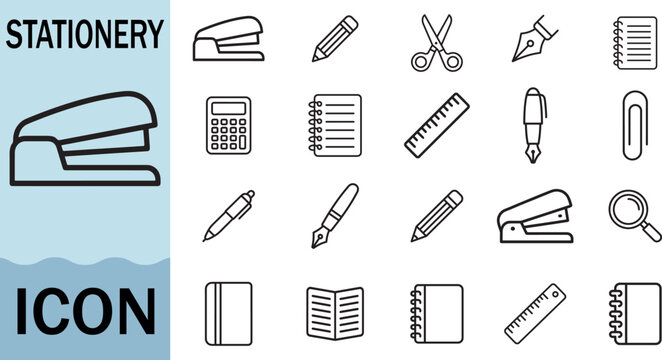 Stationery icons stapler pencil scissors pen notebook ruler calculator paperclip