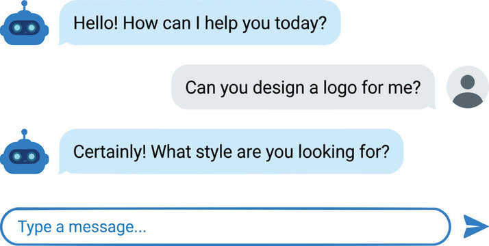 Chat box conversation interface with robot assistant and user messages on transparent background.