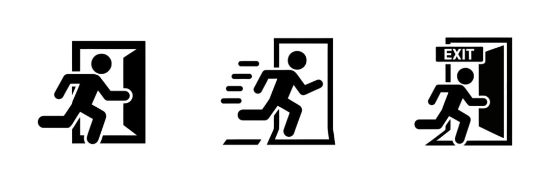 emergency exit icon set with running man and open door signs for fire safety evacuation