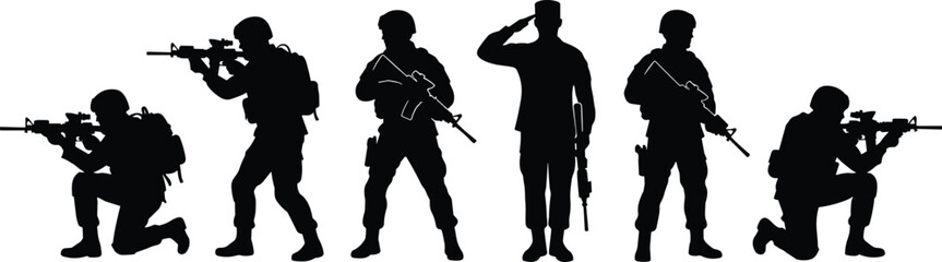 Obraz premium Silhouette collection of soldiers in military uniforms holding rifles and saluting isolated on a white background, for patriotic projects