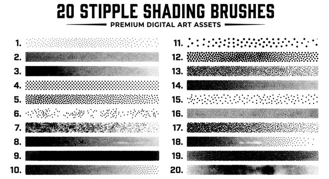 Stipple shading brushes set of 20, vintage halftone texture strokes, retro grainy dot patterns for digital art and illustration