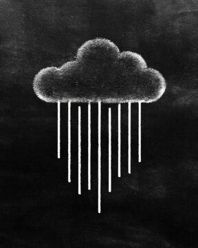 Chalk drawing of a cloud with rain lines on a blackboard. The artwork creates a rustic mood and showcases simple design elements.