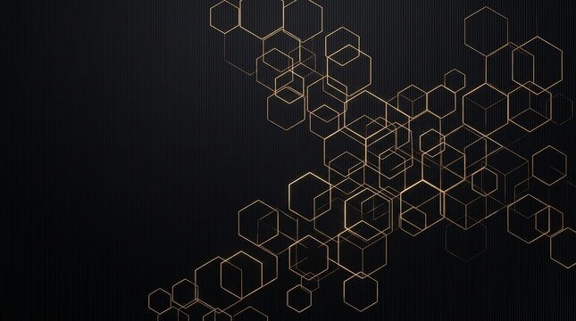 Abstract geometric background with gold hexagonal wireframe structures