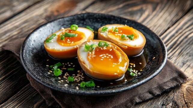 Marinated soft boiled eggs served on dark plate closeup