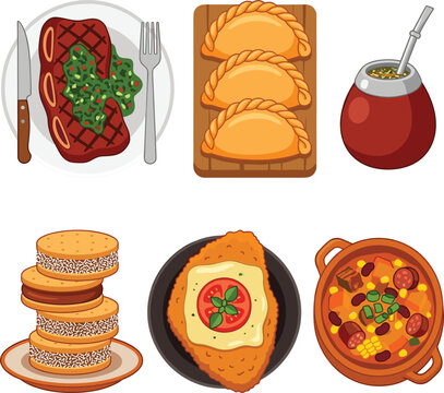 Traditional Argentine Food Vector Illustration Set Featuring Asado Steak with Chimichurri, Empanadas, Yerba Mate Drink, Alfajores Cookies, Milanesa, and Locro Stew
