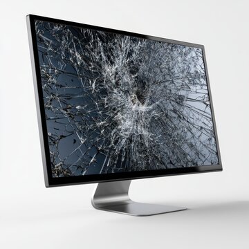 Modern computer monitor with an extensively shattered and cracked screen isolated on white background symbolizing digital damage and technical failure