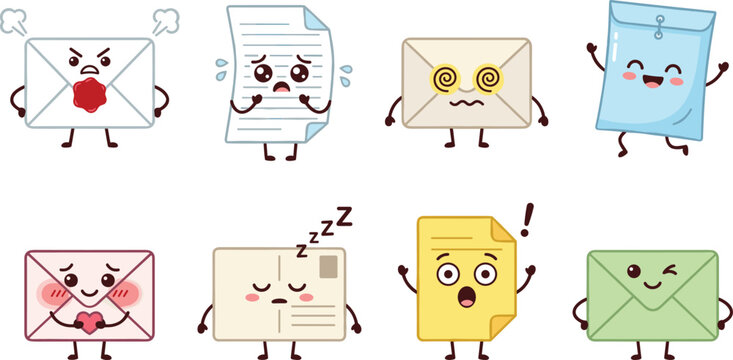 Cute Kawaii Office Mail and Document Character Vector Set Featuring Envelopes, Paper Sheets, Postcards, and Letter Mascots with Varied Facial Expressions