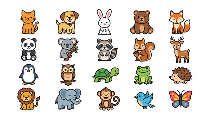Obraz premium Cute Cartoon Woodland and Safari Animal Vector Icon Set for Children Graphic Design