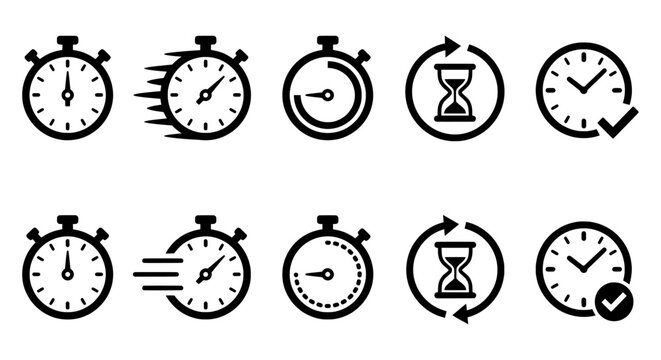 Minimalist time management icon set, black stopwatch and hourglass symbols, 10 vector clock elements for business productivity and speed