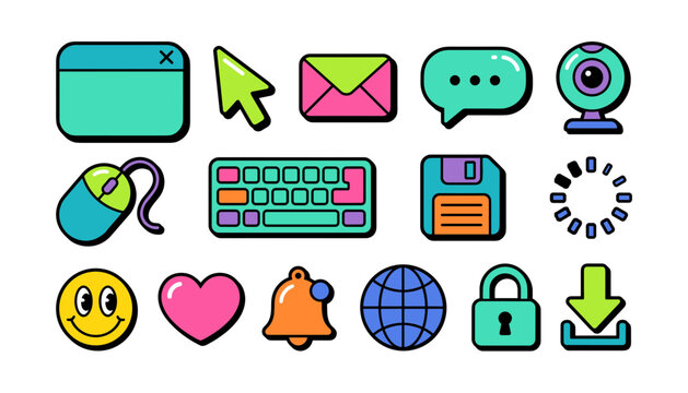 Retro Vintage Tech and Computer UI User Interface Sticker Set with Y2K Aesthetic Elements