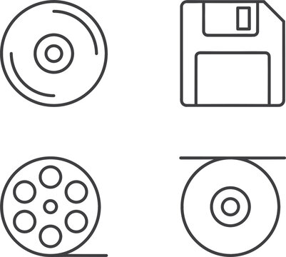 Vintage data storage and retro media outline icon set featuring compact disc dvd floppy diskette and movie film reel