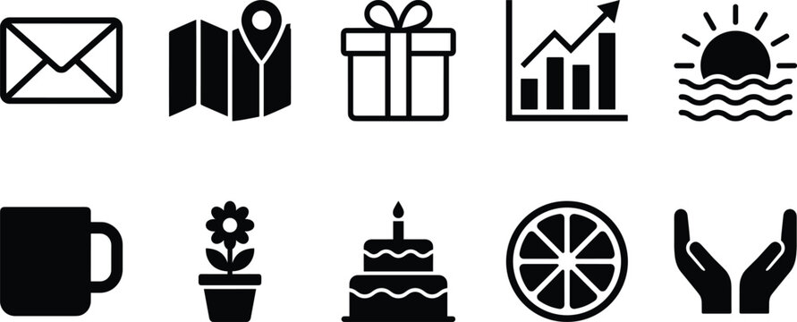 Vector icons set with envelope map gift box chart sunset mug flower cake citrus slice and cupped hands