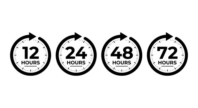 Minimalist delivery time icons, 12 24 48 and 72 hours clock symbols, black circular arrow badges for shipping and service turnaround