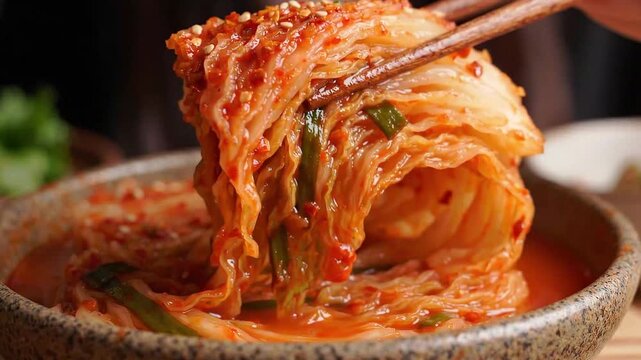 Chopsticks Lifting Fresh Spicy Kimchi From Bowl
