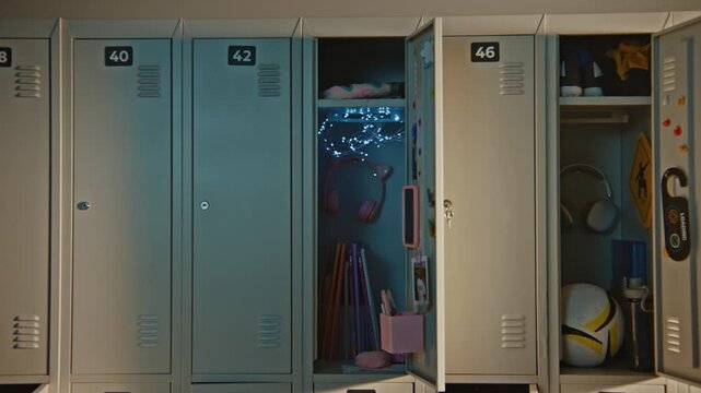 Rows of Neatly Arranged Lockers Represent Structure, Organization, Daily Routines in School Building. Minimal Educational Background with Generous Copy Space for Academic Youth Related Projects.