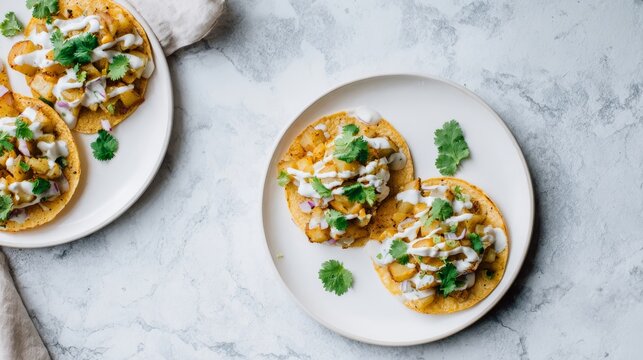 Top view of vegetarian roasted potato tostadas on marble background