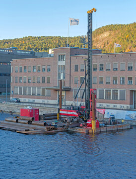Drilling Rig Floating Barge at River Drammenselva in Drammen Norway