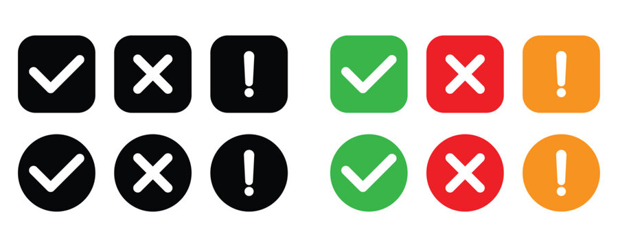 Set of confirmation and warning icons in circular and square buttons