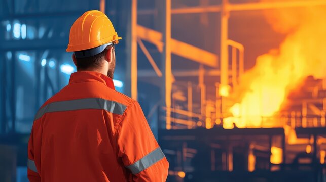 Worker in orange safety jacket and helmet observes fiery industrial scene, showcasing blend of safety and industry