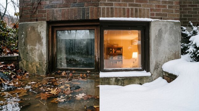 Seasonal Contrast: Basement Window Showing Wet Autumn and Snowy Winter
