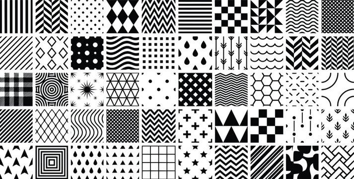 Geometric seamless pattern collection, 50 black and white minimalist vector textures, abstract monochrome background set for web and print