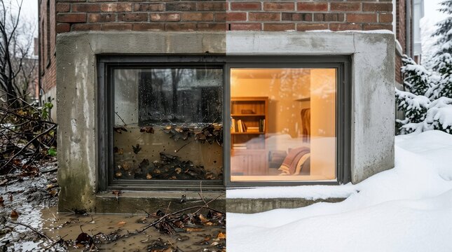 Horizontal split image of a basement window in autumn and winter.