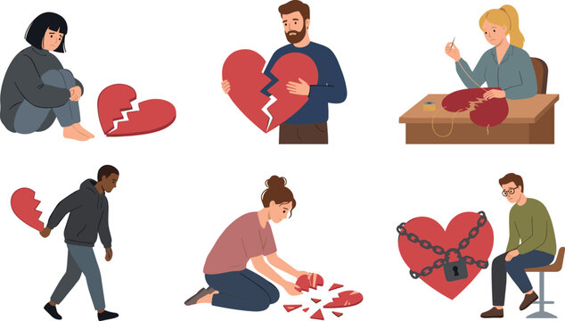 Sad People Dealing with Broken Heart, Relationship Breakup, and Emotional Pain Vector Character Set for Psychology and Mental Health Concepts