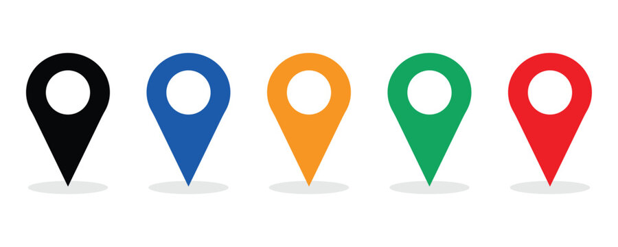 Colorful map location pins with drop shadow isolated on white background