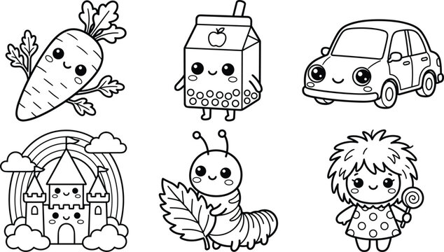 Cute Kawaii Coloring Page Icon Set with Carrot Juice Box Car Castle Caterpillar and Girl Characters for Kids Activity Books and Education Graphic Designs