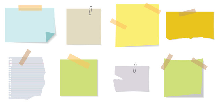 Vector sticky notes collection with adhesive tape and paper clips isolated on white background for memo design